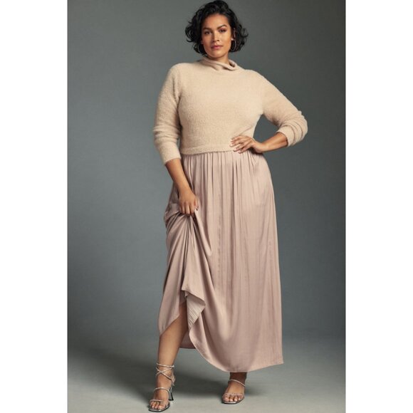 ANTHROPOLOGIE The Thea Long-Sleeve Eyelash Twofer Sweater Dress Neutral Pattern - Picture 11 of 13